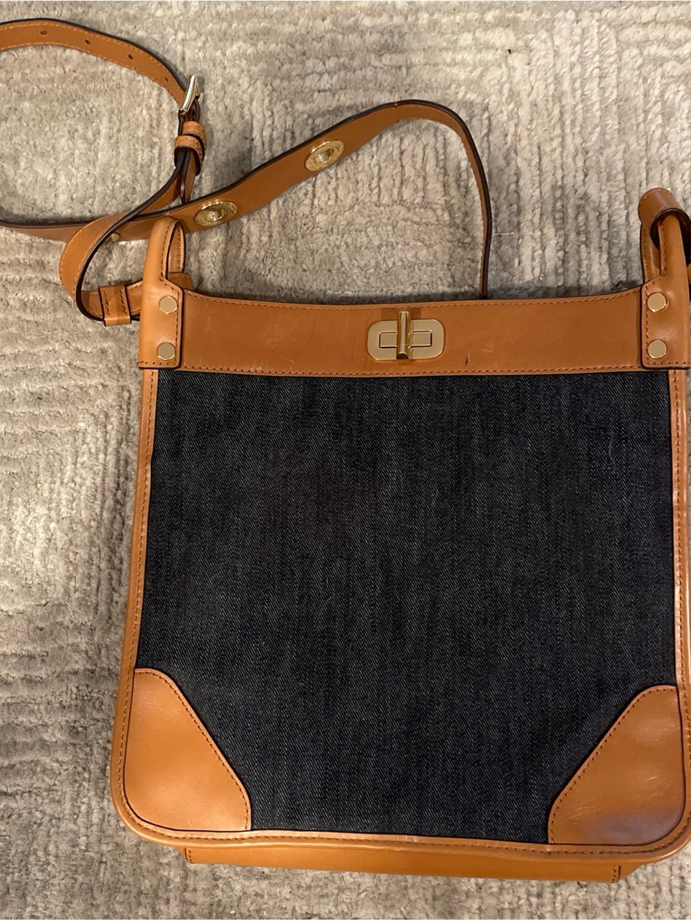 Tan Leather-Trim Denim Crossbody Bag